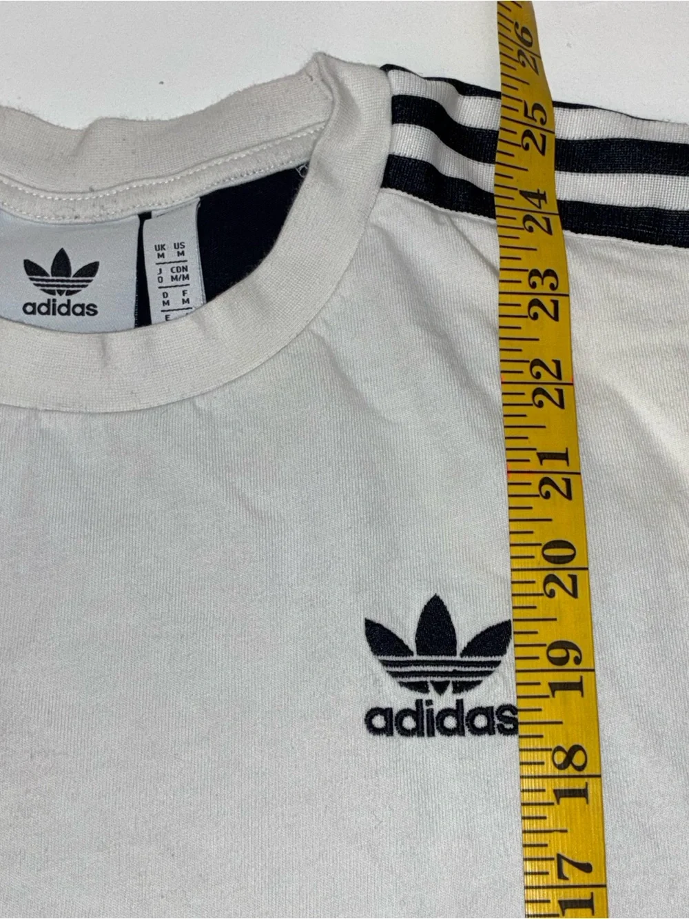 adidas White Front/Black Back Short Sleeve Trefoil Tee w/ Black Stripes. Medium - Picture 4 of 5